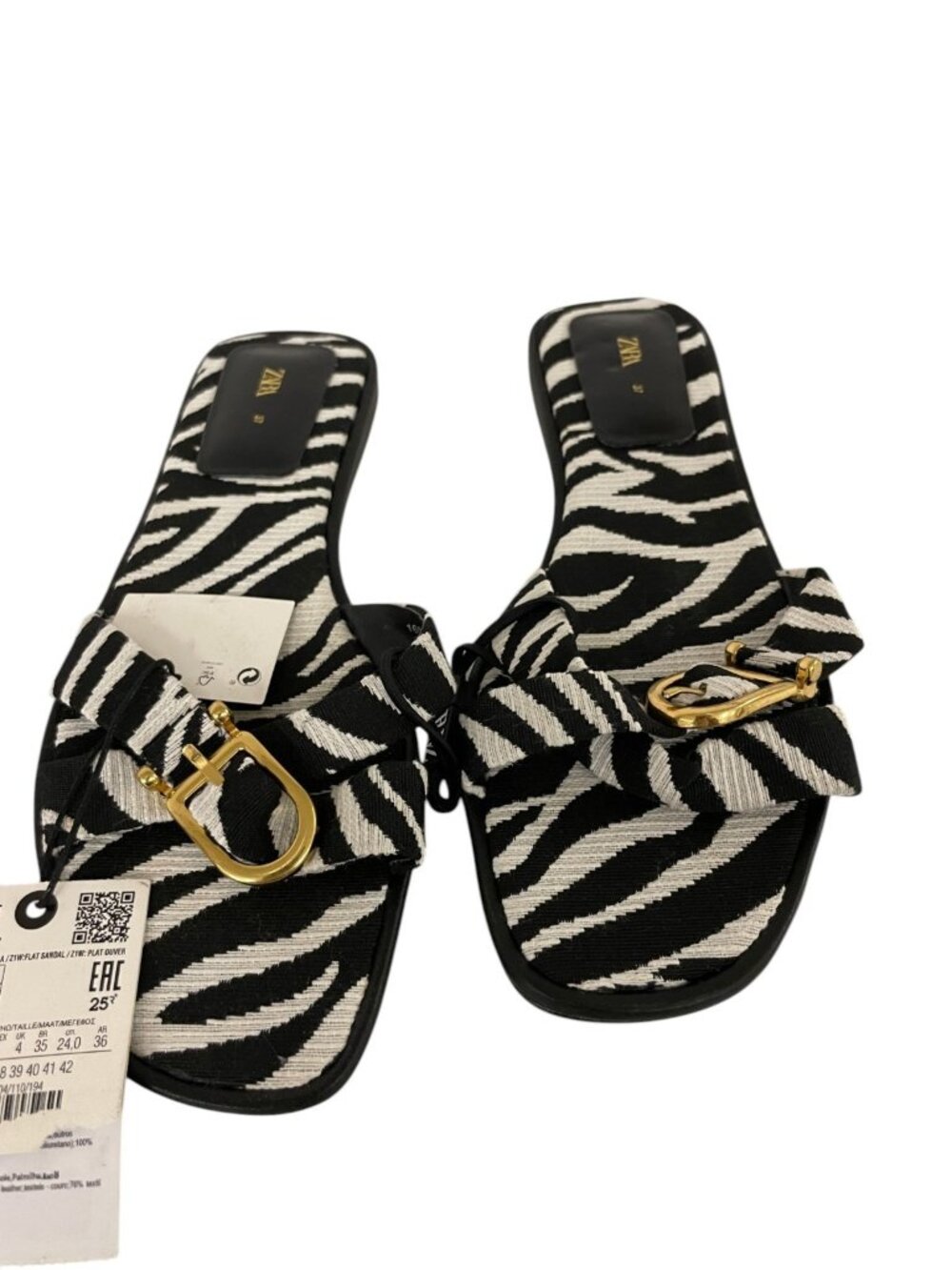 Zara Womens Slip-On Sandals EU 37 US 6.5 Black White Zebra Print 1604/110 NWOB
